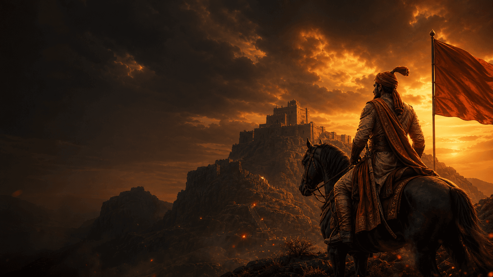 Chhatrapati Shivaji Maharaj on horseback before a Sahyadri fort at sunset